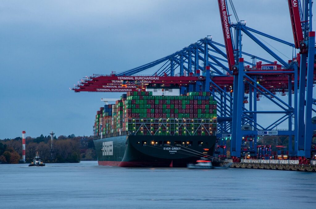 container ship, hamburgers stick, container port, ever green, container, port, water, nature, blue hour, freight
